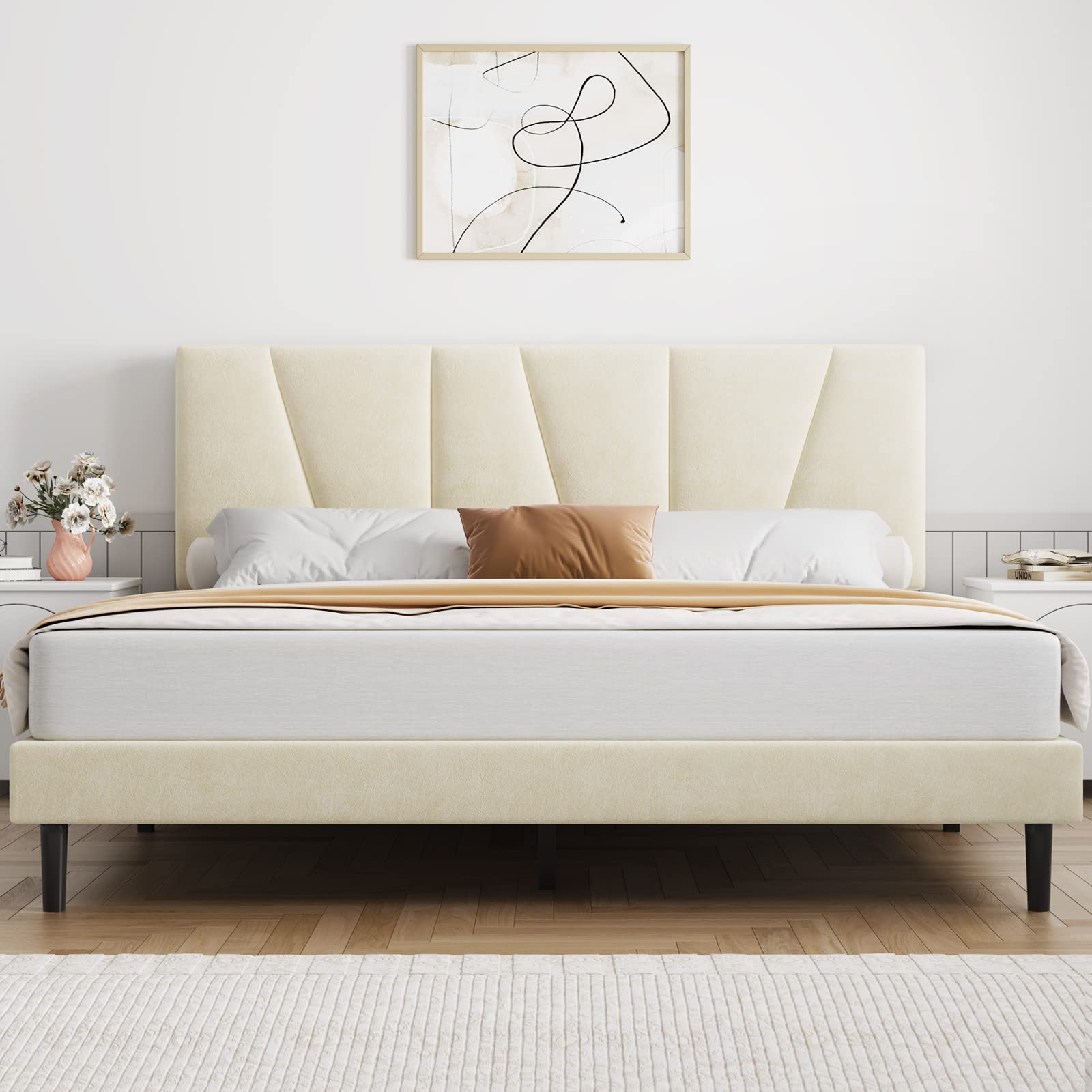 Geometric Minimalism Velvet Platform Upholstered Bed Bedroom Interior | 2823