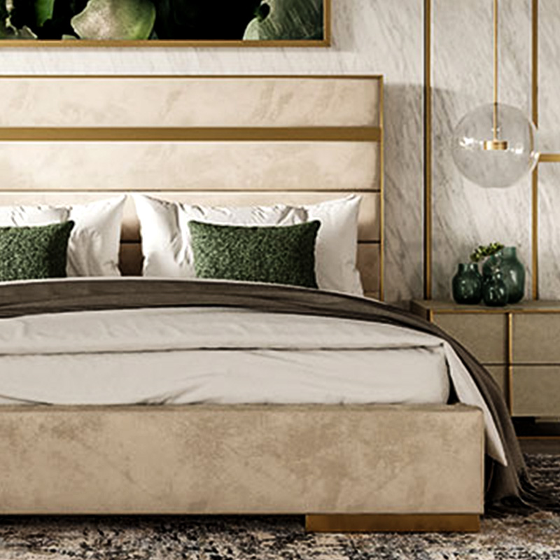 Luxury Gold Metal Stripe Headboard Velvet Upholstered Bed | 2825
